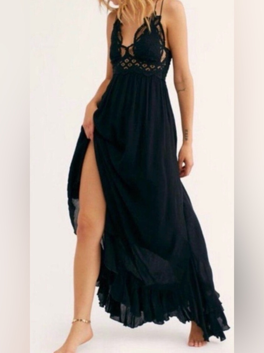 Adele Black Lace-Trim Maxi Slip Dress by Free People